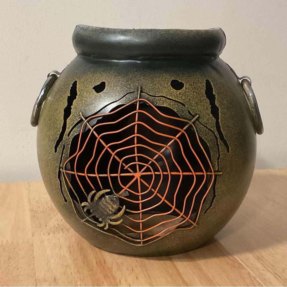 Pink Zebra Rusty Metal Witch Cauldron Spider Web Accent Shade Halloween Decor